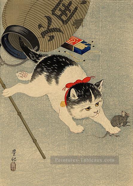 chat attraper une souris Ohara KOSON japonais Peintures à l'huile